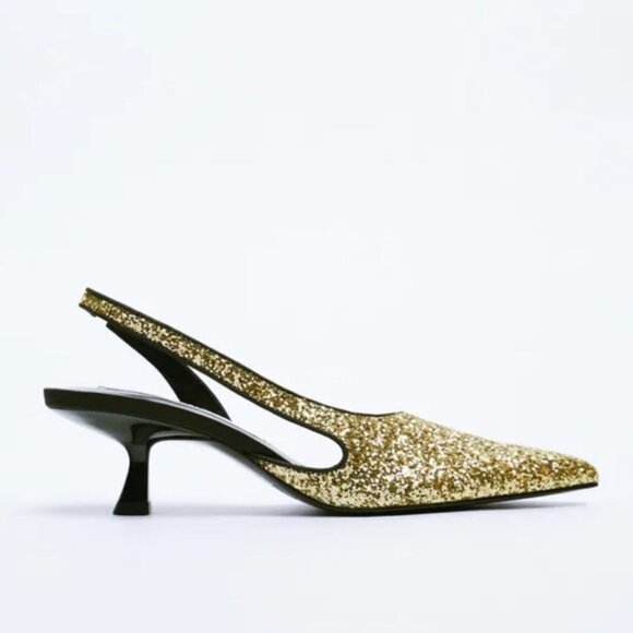 NWT Zara gold glitter slingback kitten heel pointed toe shoes, US7.5 / EU38 - Picture 3 of 11